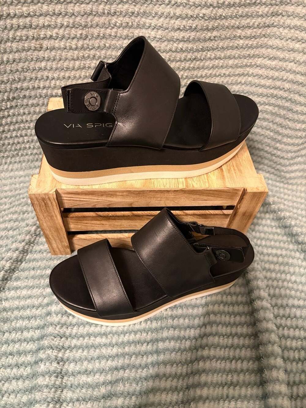 Via Spiga Neza Black Leather Platform Sandals Size 8.5